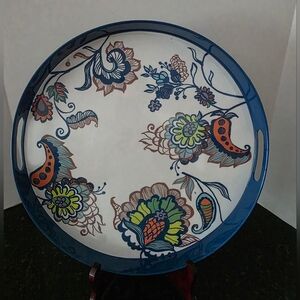 Precidio Melamine Colorful 14" Round Serving Tray with Handles Blue Rim